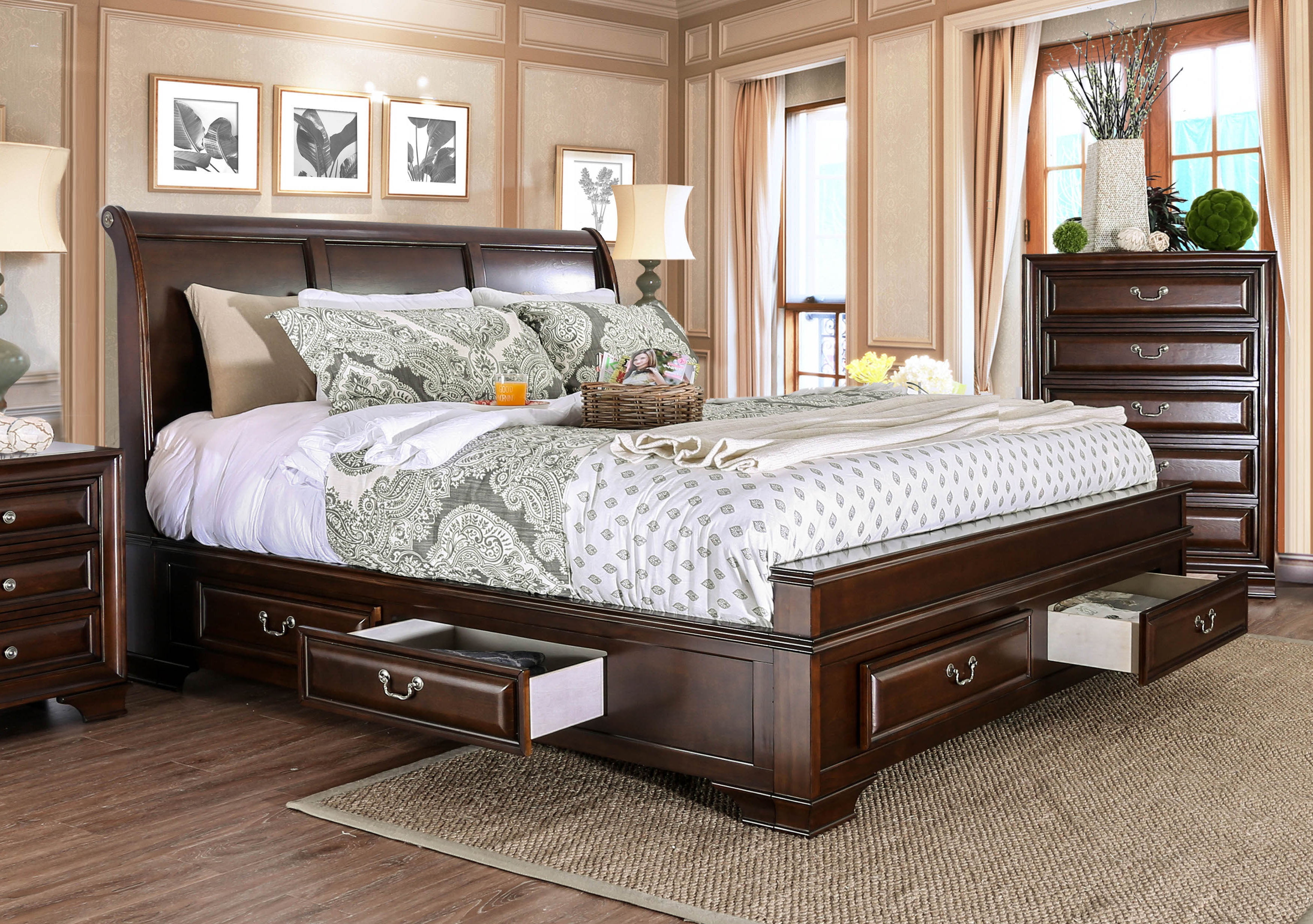 Furniture of America Damien Platform Bed, Eastern King, Brown Cherry