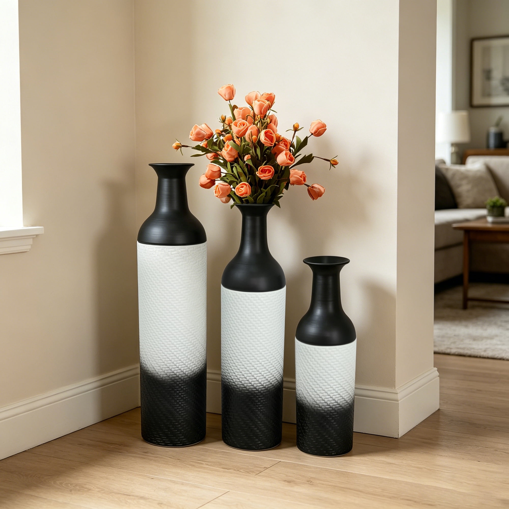 Leumius Decorative Metal Vases Set of 3, Black Leaf Pattern Floor Vases, Black & White Tall Vases for Home Decor, Living Room Entryway Decor