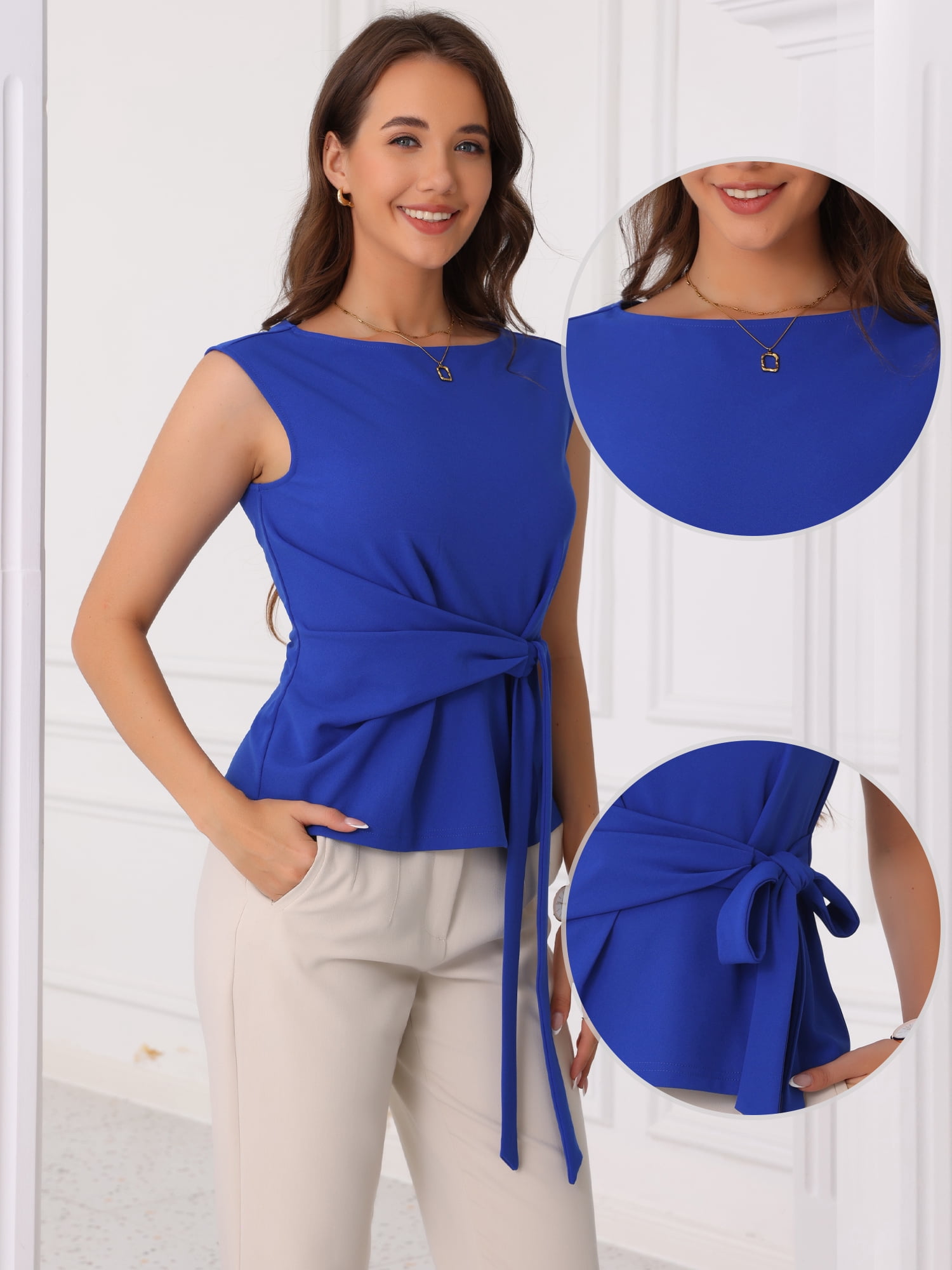 DARING DIVA Women's Elegant Side Tie Wrap Cap Sleeve Blouses L Royal Blue