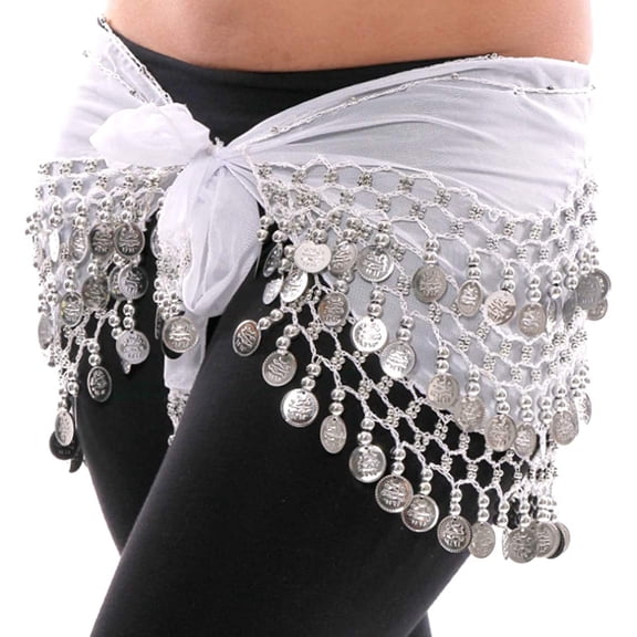 Plus Size XL Chiffon Belly Dance Hip Scarf Wrap Belt Tribal Sash Skirt Silver Coins - White with Silver Coins
