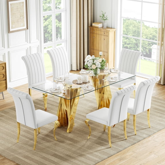 Glass Dining Table Set of 7, 70“ Tempered Glass Top with Twisted X-Shaped Stainless Steel Base, 6 PU Leather Cushioned Chairs, for Kitchen & Office