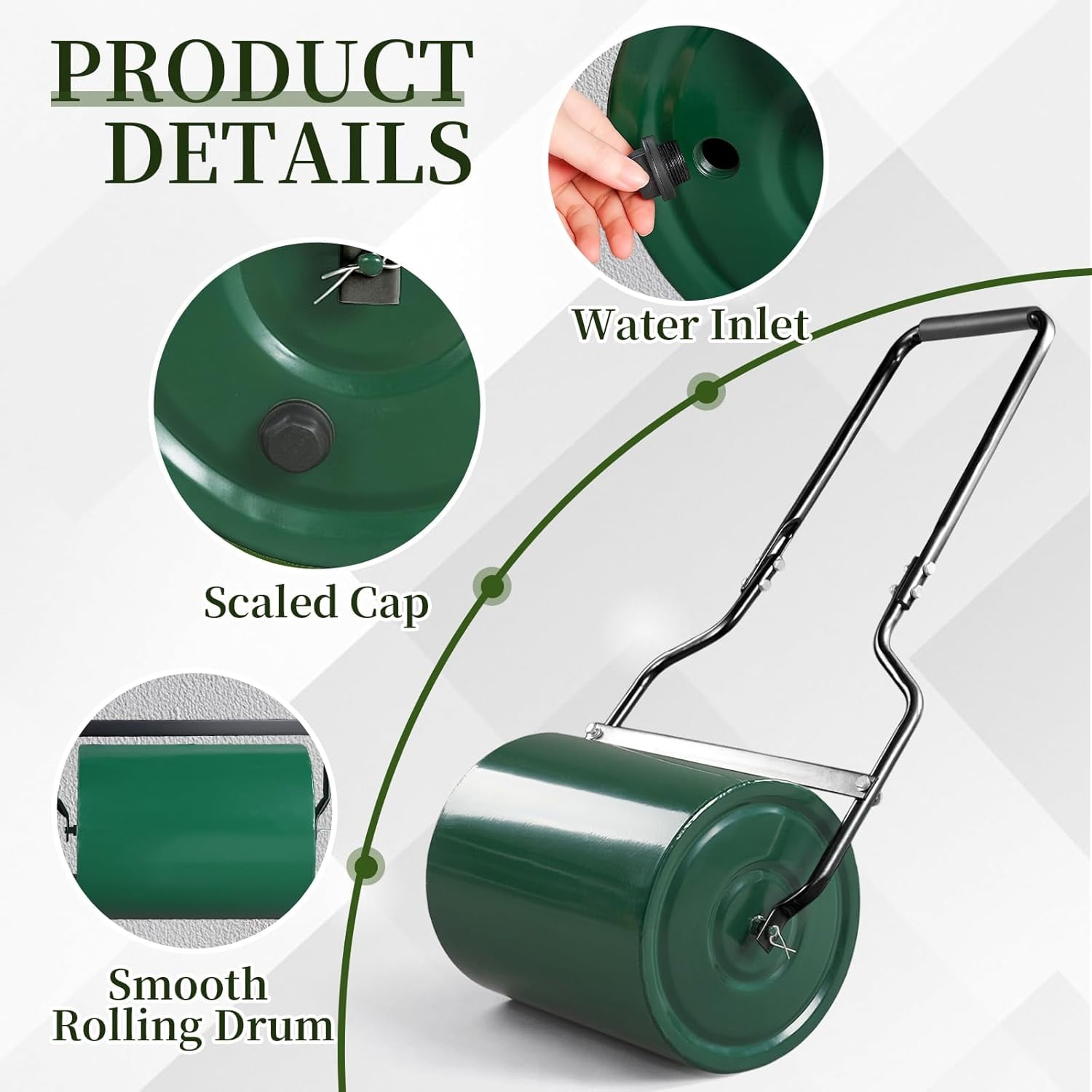 ZJTER Lawn Roller 8 Gallons Water or Sand Filled, Durable Heavy Duty Steel, with Drain Plug and U-Shaped Handle, Manual Tool for Greening up Lawns, for Yard Garden Maintenance, Green (16inch)