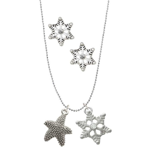 Delight Jewelry Silvertone Antiqued Starfish Silver tone Snowflake Charm Necklace and Stud Earrings