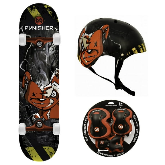 Punisher Teddy Skateboard, Helmet & Pad Set Bundle - Canadian Maple Skateboard, Durable Protective Gear