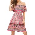 thumbnail image 3 of Jumpingount Vestido corto bohemio estampado fuera del hombro cómodo vestido de algodón vestido de verano fiesta de vacaciones accesorios de ropa Prendas para la parte del cuerpo Rosado METRO, 3 of 6