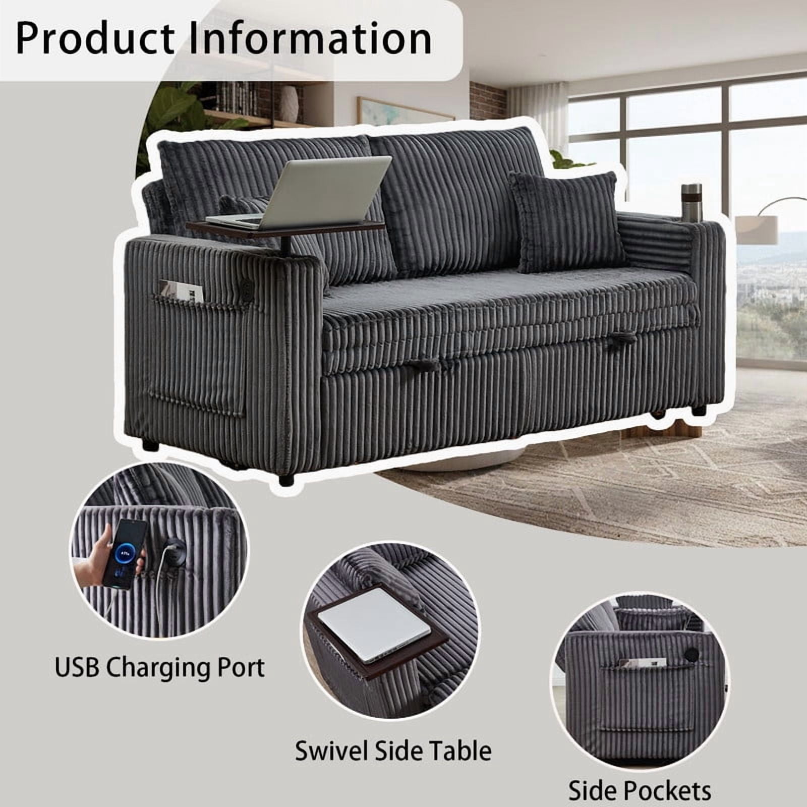 Howcool 65" 3-in-1 Convertible Sleeper Sofa Bed, Corduroy Pull Out Loveseat Futon Couch with Cup Holders & USB Charging Ports for Living Room Apartment, Dark Grey
