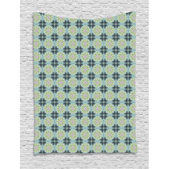 Floral Tapestry, Latin Talavera Damask Mediterranean Floral Pattern, Wall Hanging for Bedroom Living Room Dorm Decor, 60"W X 80"L, Dark Sea Green Rose Charcoal Grey Pale Green, by Ambesonne