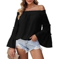 thumbnail image 2 of CaComMARK PI Women's off Shoulder Tops Bell Long Sleeve Chiffon Blouse Casual Loose Shirts Trendy Flowy Dressy Vacation Outfits Black, 2 of 8