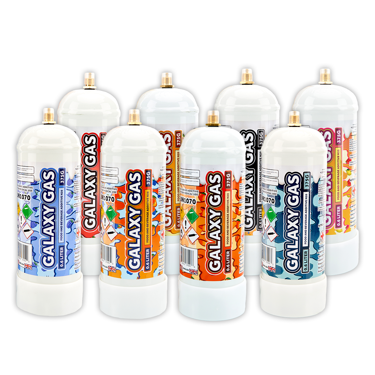 Variety 8 Pack Galaxy Gas Whip Cream Chargers .6L (375g) Food Grade