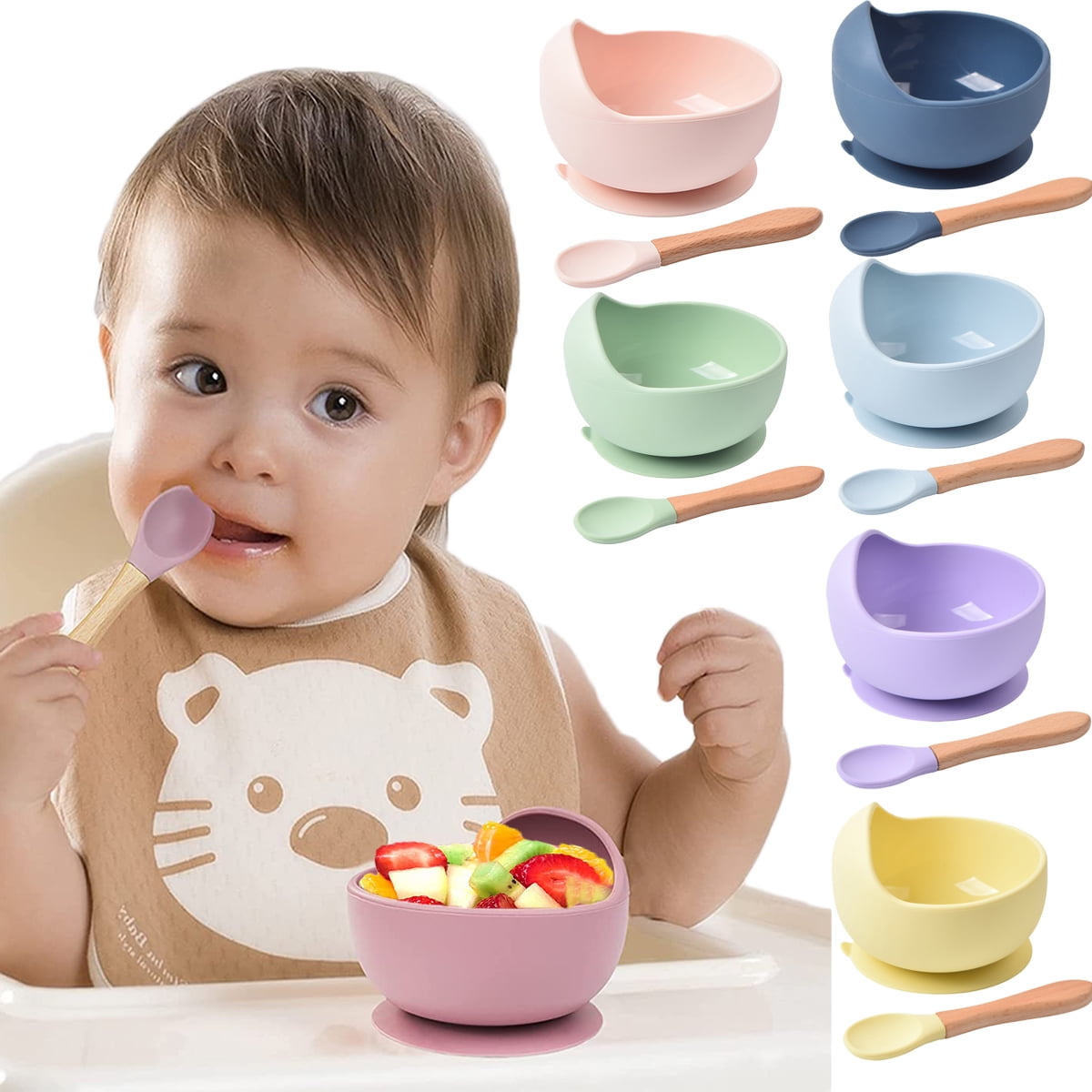 Silicone Baby Bowls with Spoon, 2pcs Baby Feeding Set Suction Bowls for Kids Toddlers -BPA Free-Baby Dishes Utensils, Size: 10, Purple