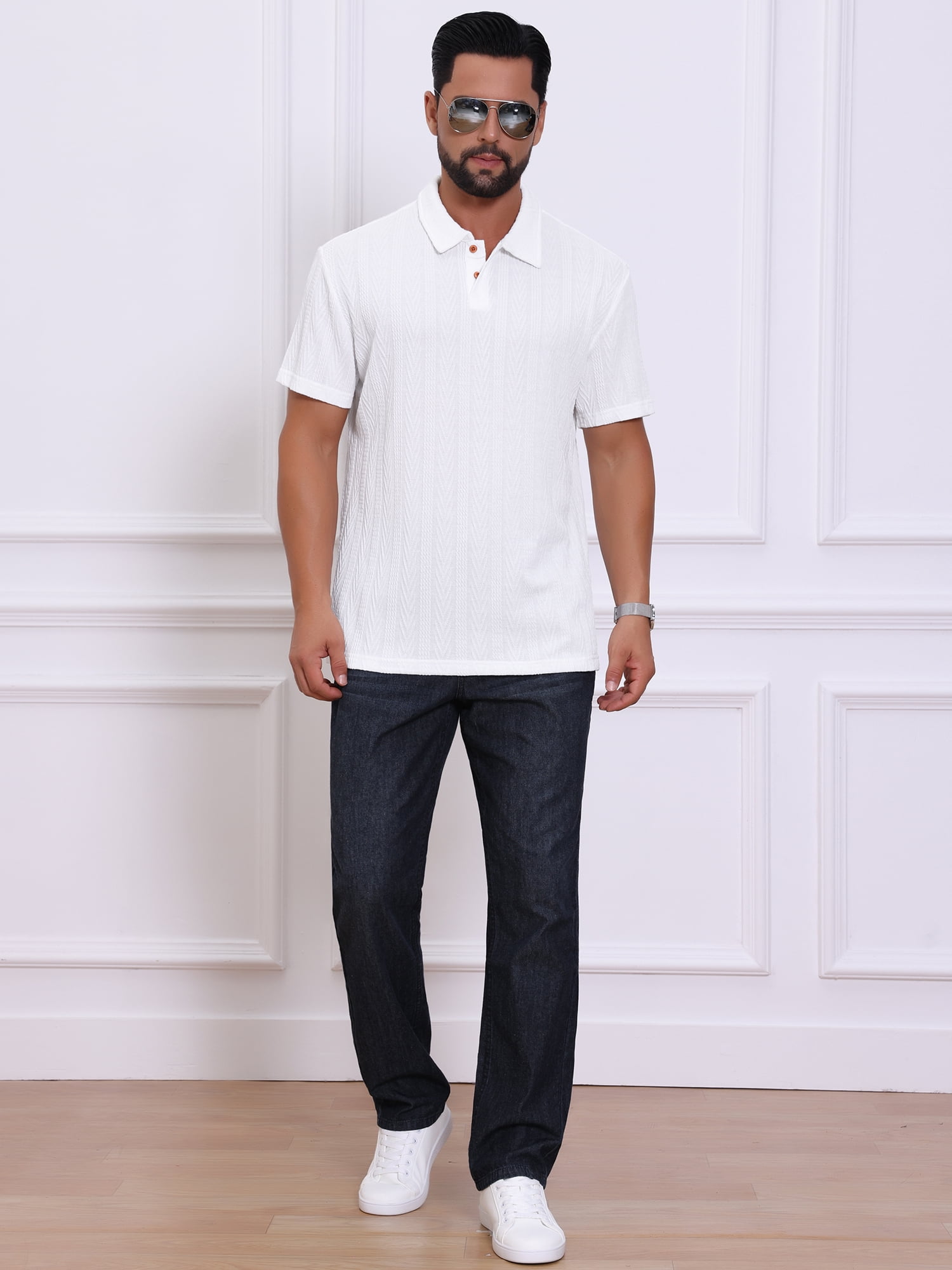 DARING DIVA Men's Jacquard Short Sleeve Button Down Collared Polo Shirts XL White