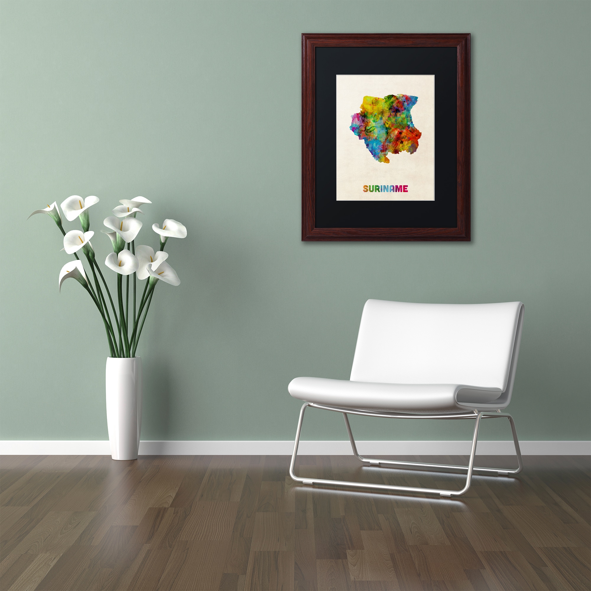 Trademark Fine Art "Suriname Watercolor Map" Canvas Art by Michael Tompsett Black Matte, Wood Frame