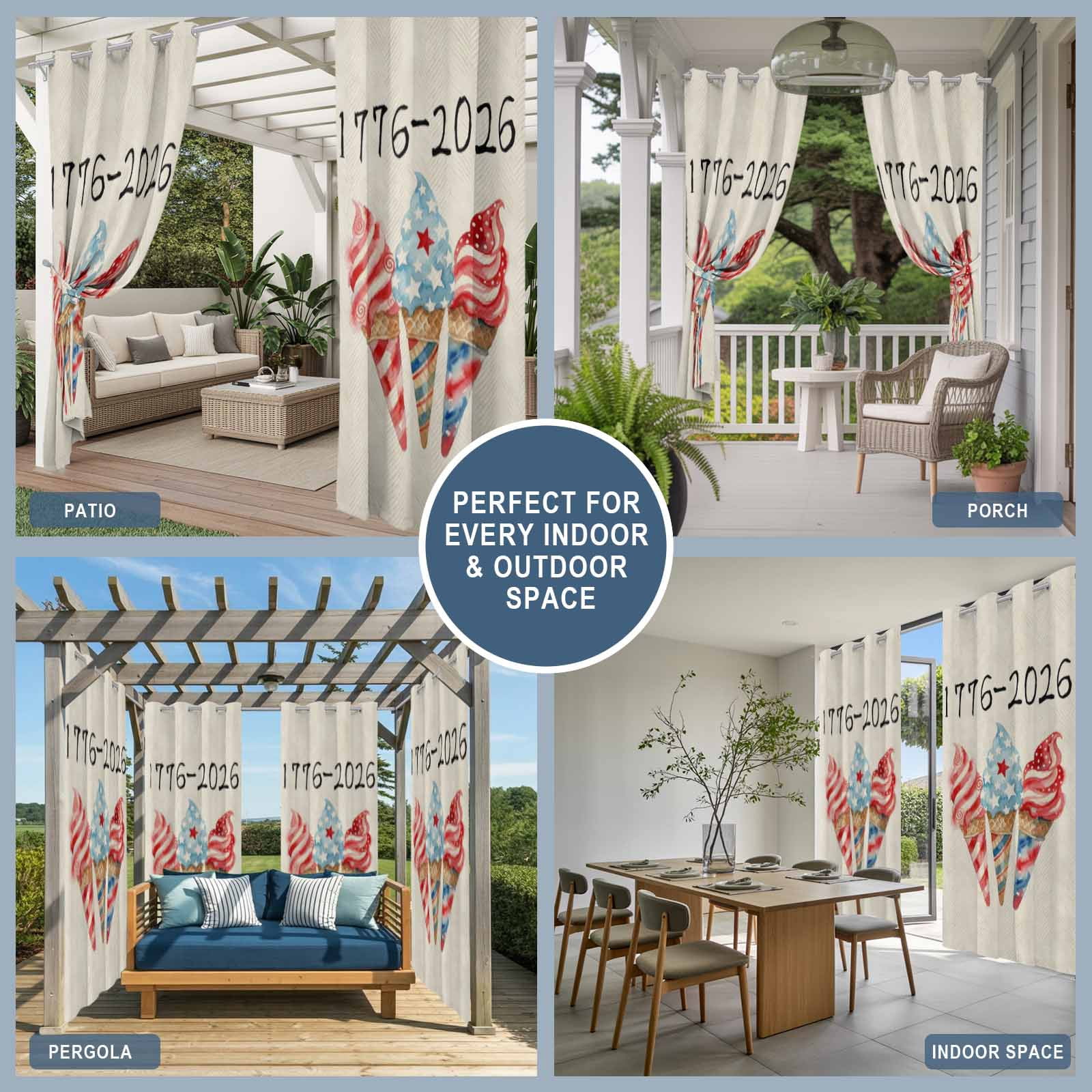 Independence Day Ice Cream Outdoor Curtains for Patio, 4th of July Patriotic Red Blue Star Ice Cream Sunshade Privacy Drapes Grommet Waterproof Outside Curtains for Porch Balcony 54"x108", 1 Panel