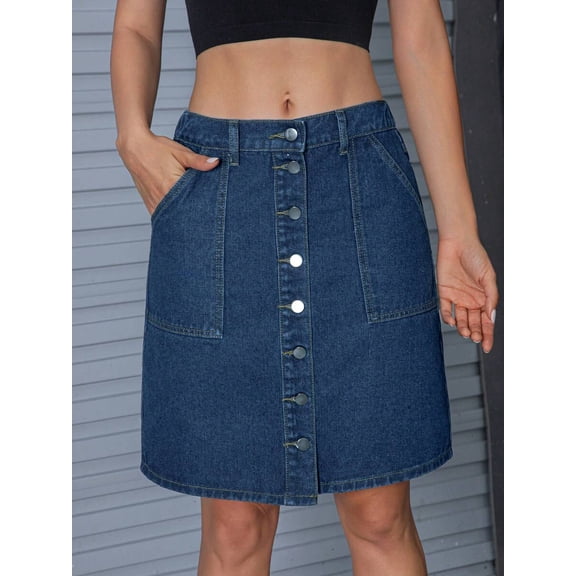 Womens Dark Wash Denim Button-Front A-Line Mini Skirt With Pockets