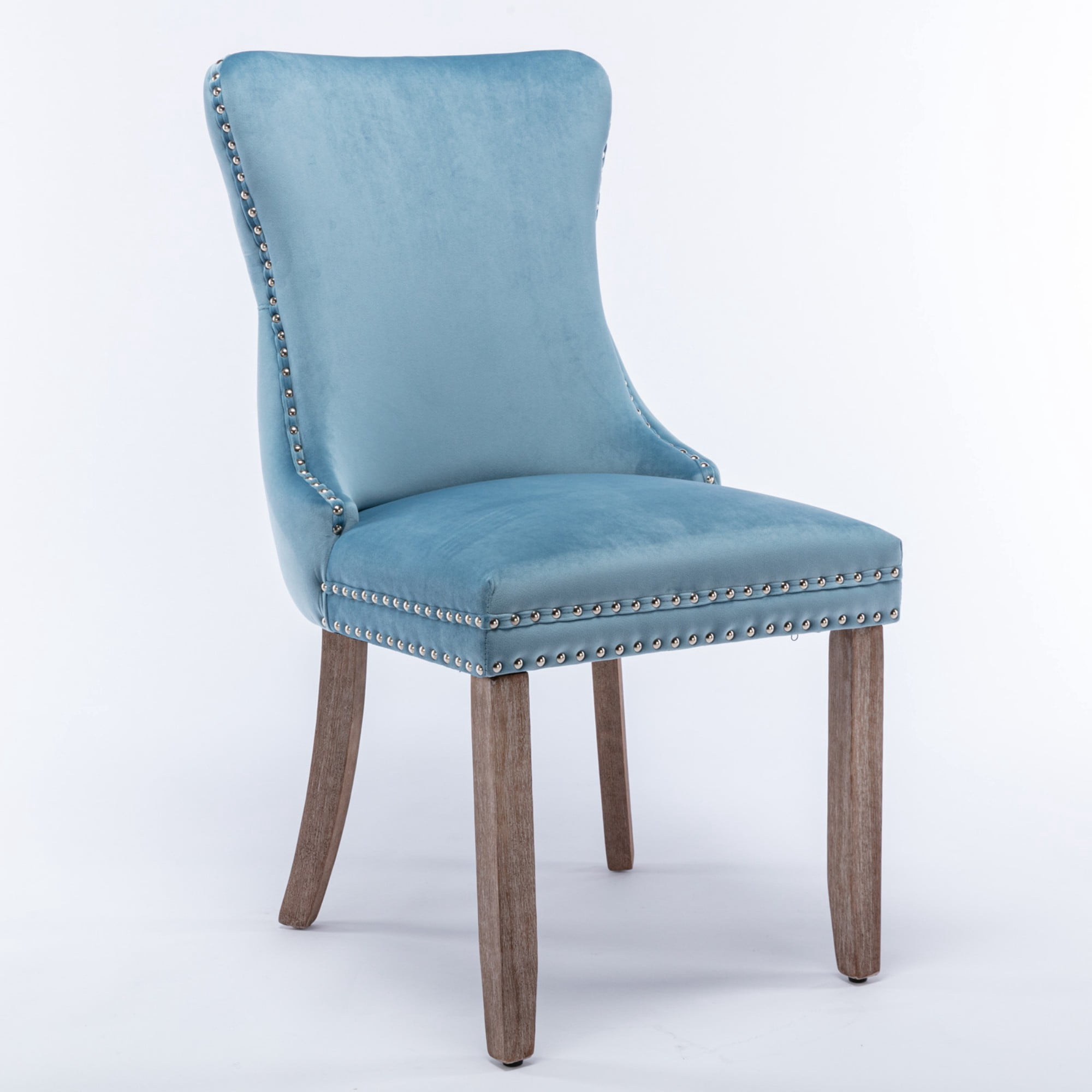BSHTI 37" Velvet Upholstered Wingback Dining Chairs Set of 2 with Wood Frame, Foam Seat, Rivet Trim, Adjustable Feet for Dining Room (Light Blue)