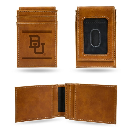 Rico Industries NCAA Baylor Bears Mens Front ID Pocket Brown Wallet- Premium 8 Pocket Laser-Engraved Team Logo on Vegan Leather- Minimalist Design, Credit Card Holder- Ideal for Travel or Mens Gift