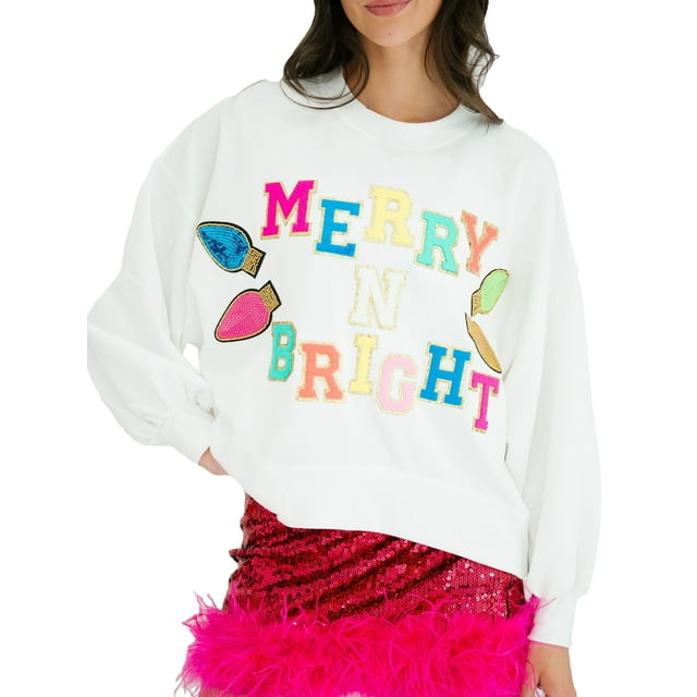 FOCUSNORM Chandail de Noël Ample pour Femmes Imprimé Lettre Strass Manches Longues Col Rond Chandail en Molleton