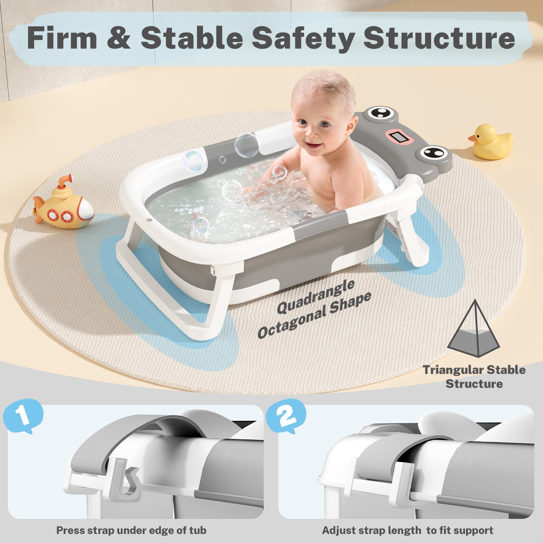COOSEYA Baby Bathtub, Collapsible Baby Bath Tub with Cushion, Portable, Plastic, 1 Count(Frog/Grey)