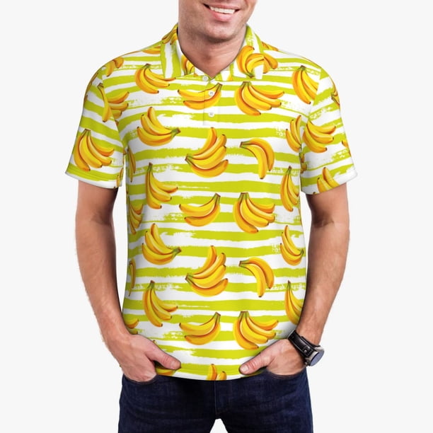 Fotbe Bananas On A Striped Camiseta Polo de Golf para Hombre con Estampado – Camisa Deportiva Transpirable con Cuello Abotonado-4X-Large
