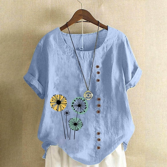 Vmvidoty Womens Tops Dressy Casual Summer Women Casual Cotton And Linen Top Printed Short Sleeve Plus Tunics Button Tunic T-shirt Blouse Tops Ladies Tops Trendy Light Blue XXXXXL