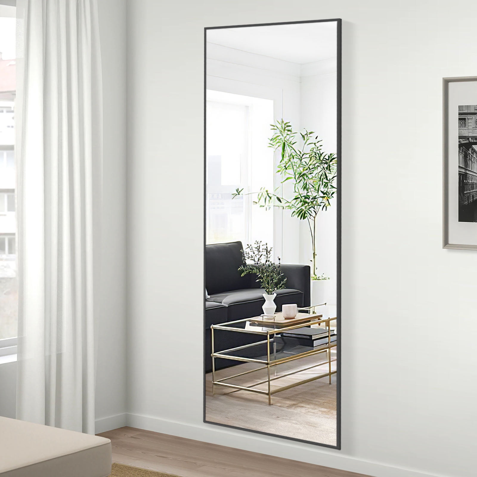 MAYEERTY 65"×22" Black Aluminum Slim-Frame Rectangular Full-Length Mirror Stable Stand for Bedroom