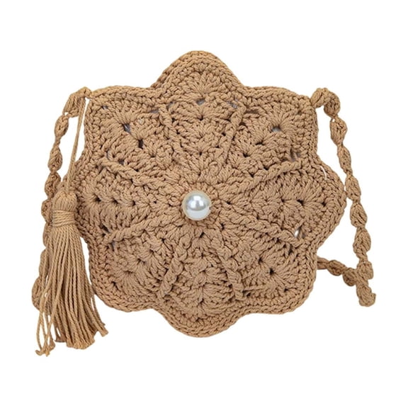 Btomtd Crochet Flower Crossbody Bags for Women, Small Handmade Shoulder Bag with Pearl Tassel, Travel Purse, Khaki