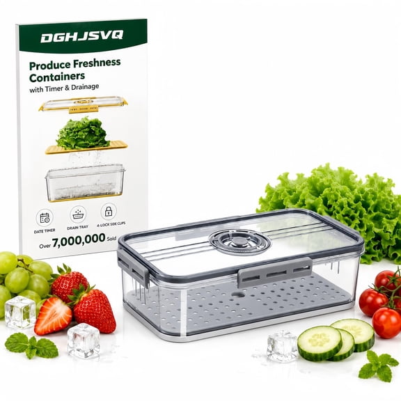 Produce Freshness Containers with Timer & Drainage Fruit Storage Container for Fridge Refrigerator Organizers and Storagefood Vegetable Berry Strainer with Lid Lettuce Keeper (White, Medium)