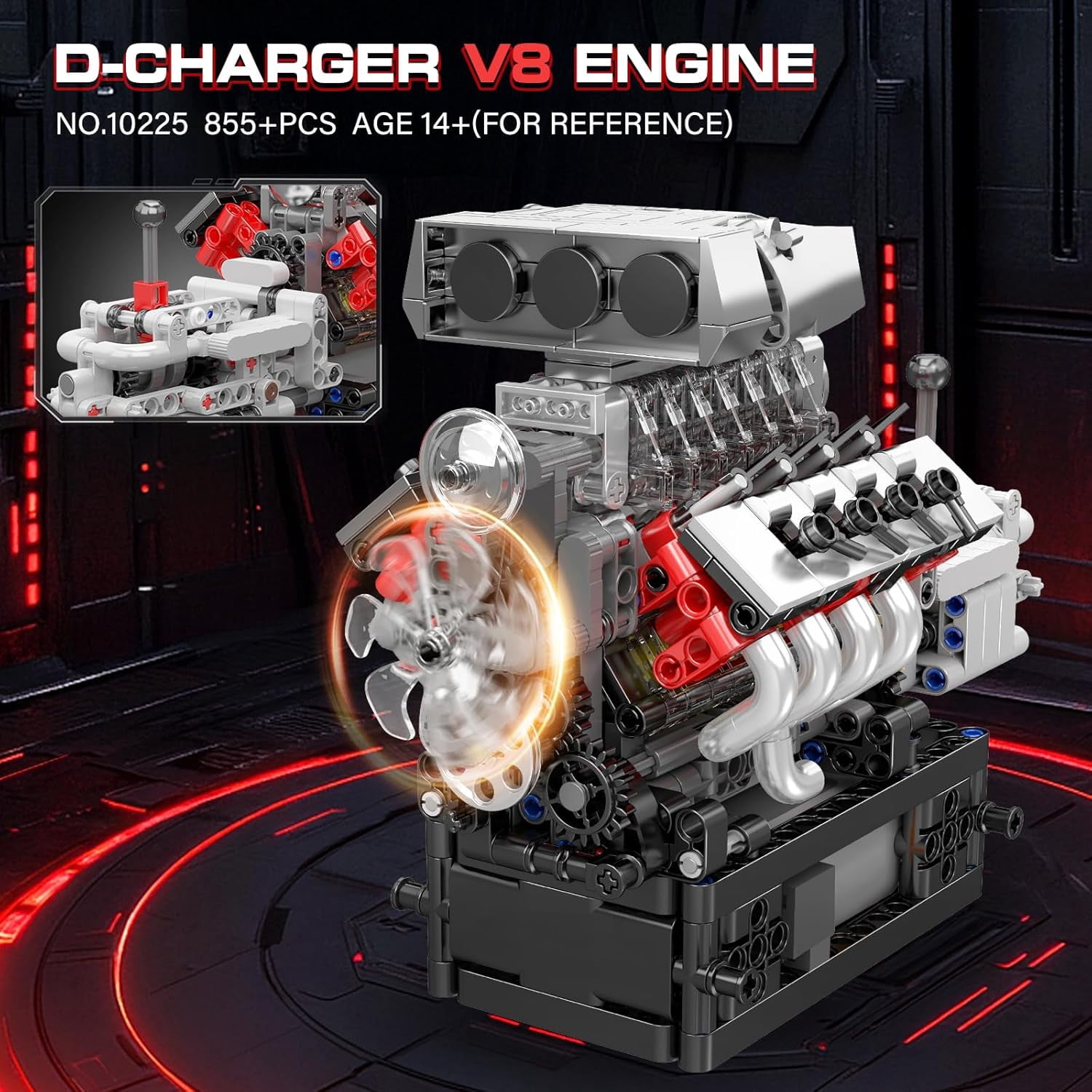 SEEMEY 10225 V8 Engine Model Kit that Works - Car Engine Building Blocks Kit with Battery, STEM Mechanic Engineering Construction Set for Adults(855 PCS)