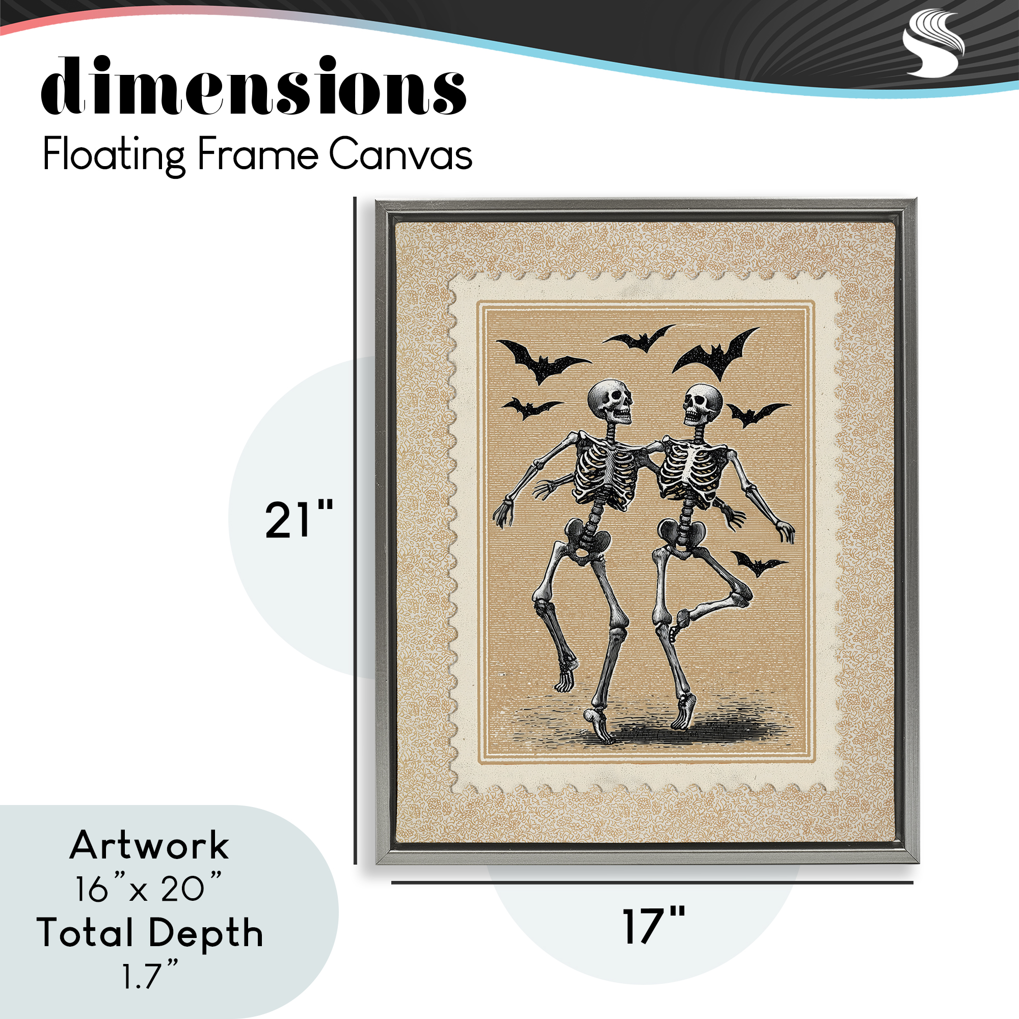Vintage Dancing Skeletons Stamp Gray Framed Floater Canvas Wall Art, design by Arlington Prints