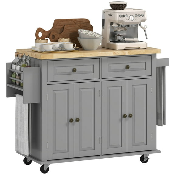 Homiyad Kitchen Island Cart with Rubber Wood Top, Rolling Kitchen Island Table on Wheels with Drawers, Adjustable Shelves, Spice Rack and Towel Rack for Dining Room, Gray