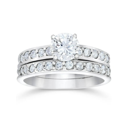 - 1 Carat Diamond Engagement Ring Matching Wedding Band Prong Set 14K White Gold