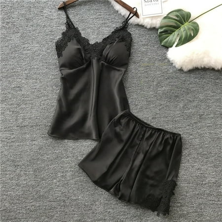 

Pajamas For Women Two Pieces Lace Flower Satin Lingerie Top And Shorts Sleepwear Pajama Set