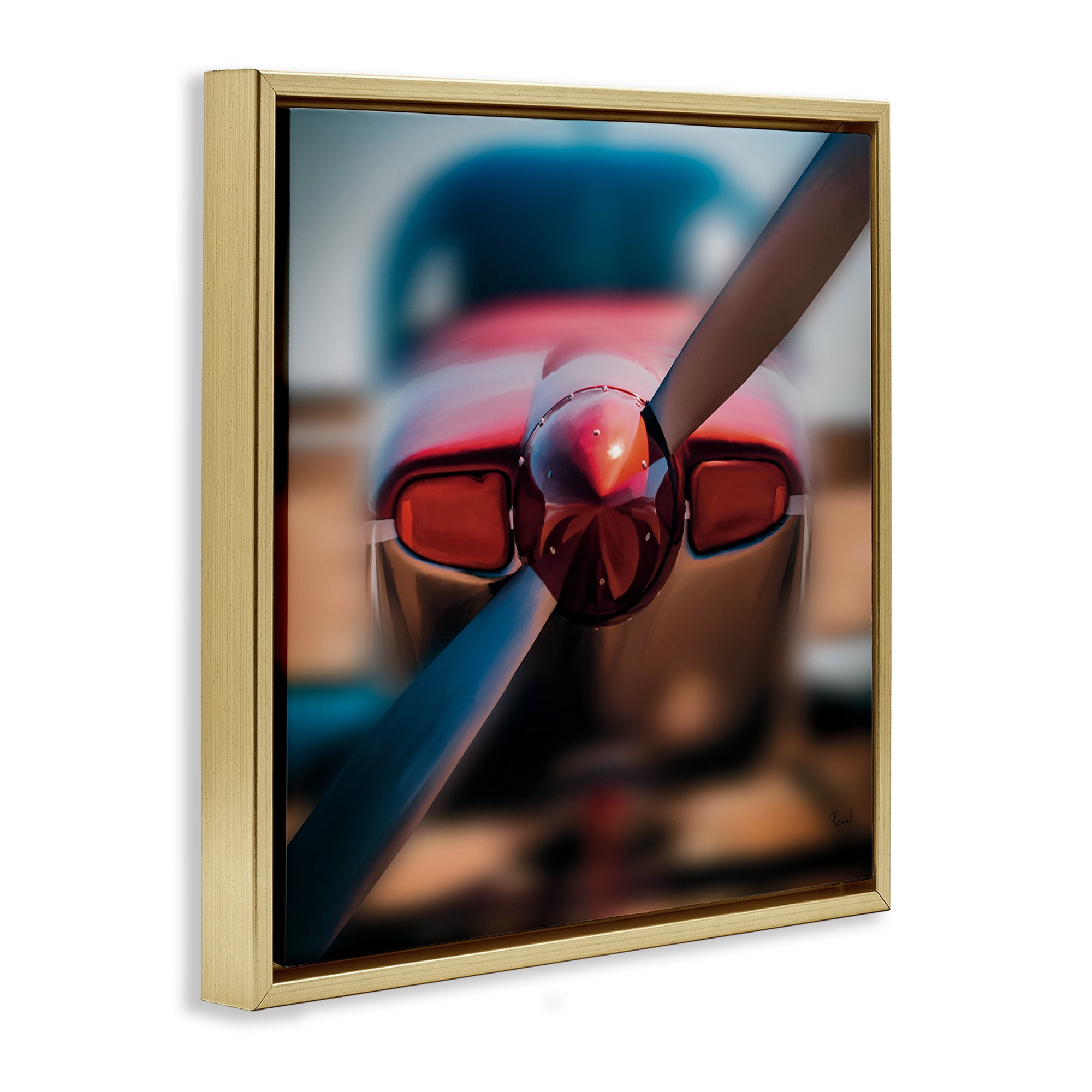 Stupell Industries Red Aircraft Propeller Gold Framed Floater Canvas Wall Art, design by Renel Peters