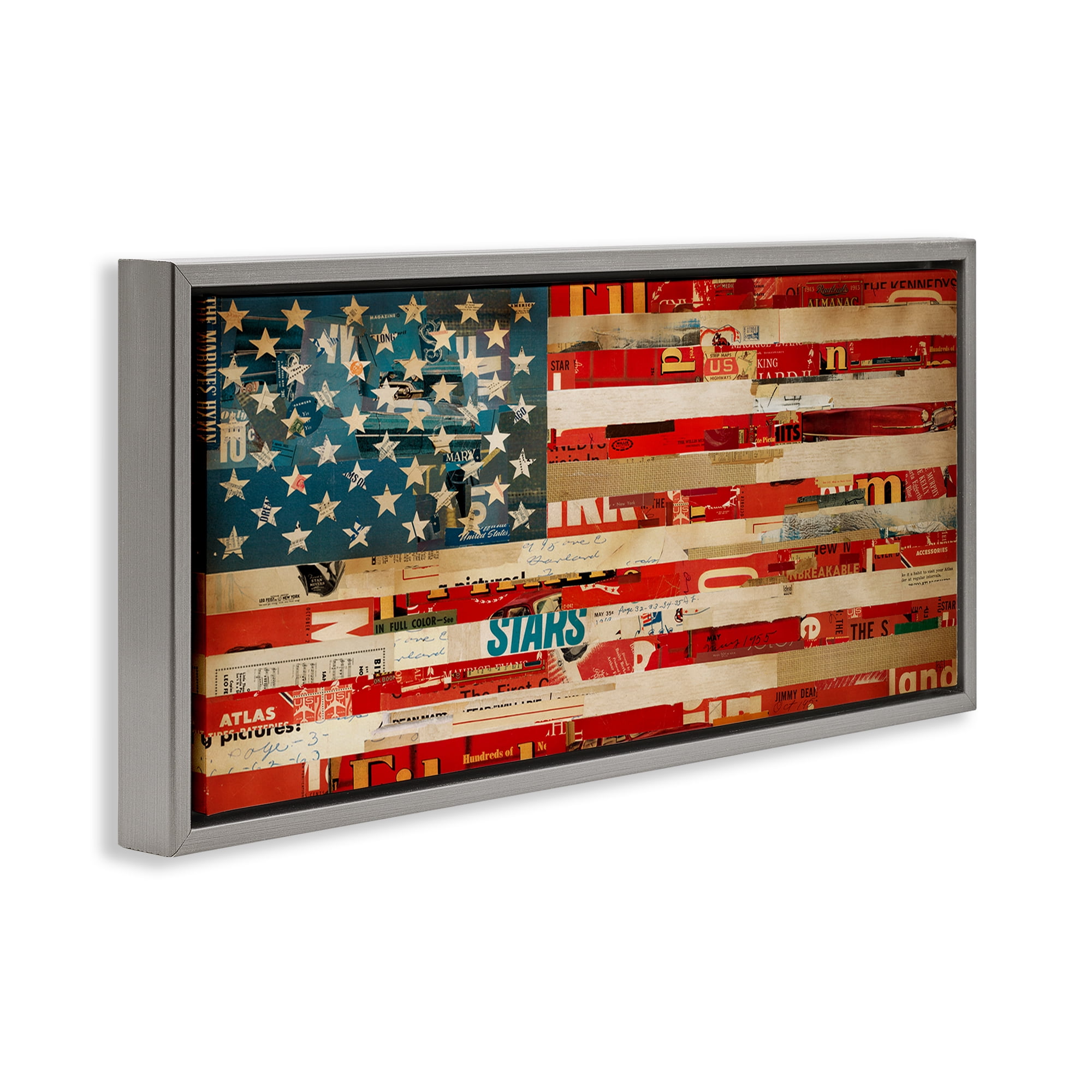 Stupell Industries Patriotic Collaged Flag Patriotic Painting Gray Floater Framed Canvas Art Print Wall Art, 25 x 11