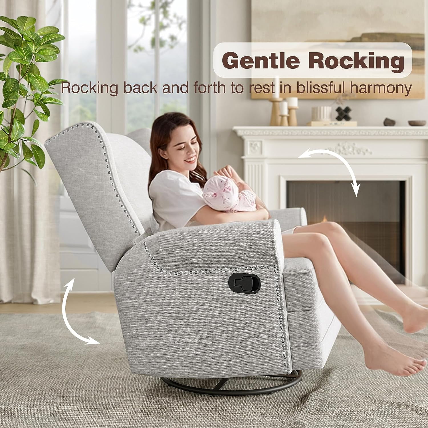 Royalcraft Swivel Nursery Glider Recliner, Comfy Upholstered Glider Chair with Lumbar Pillow and Footrest, Swivel Rocking Chair for Living Room, Grey