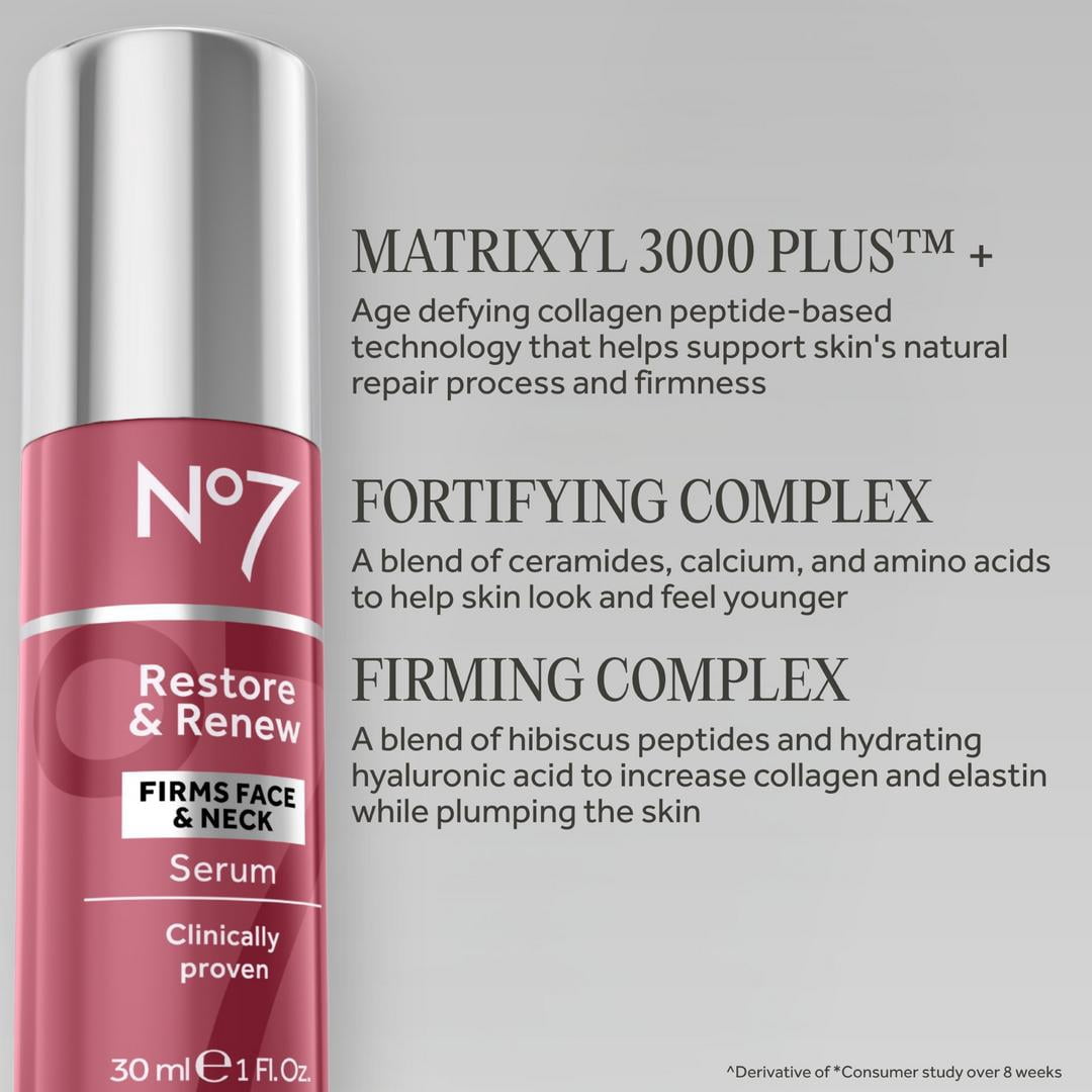 No7 Restore & Renew Multi-Action Face & Neck Serum - Anti Aging Serum for Deep Wrinkle Repair 1oz