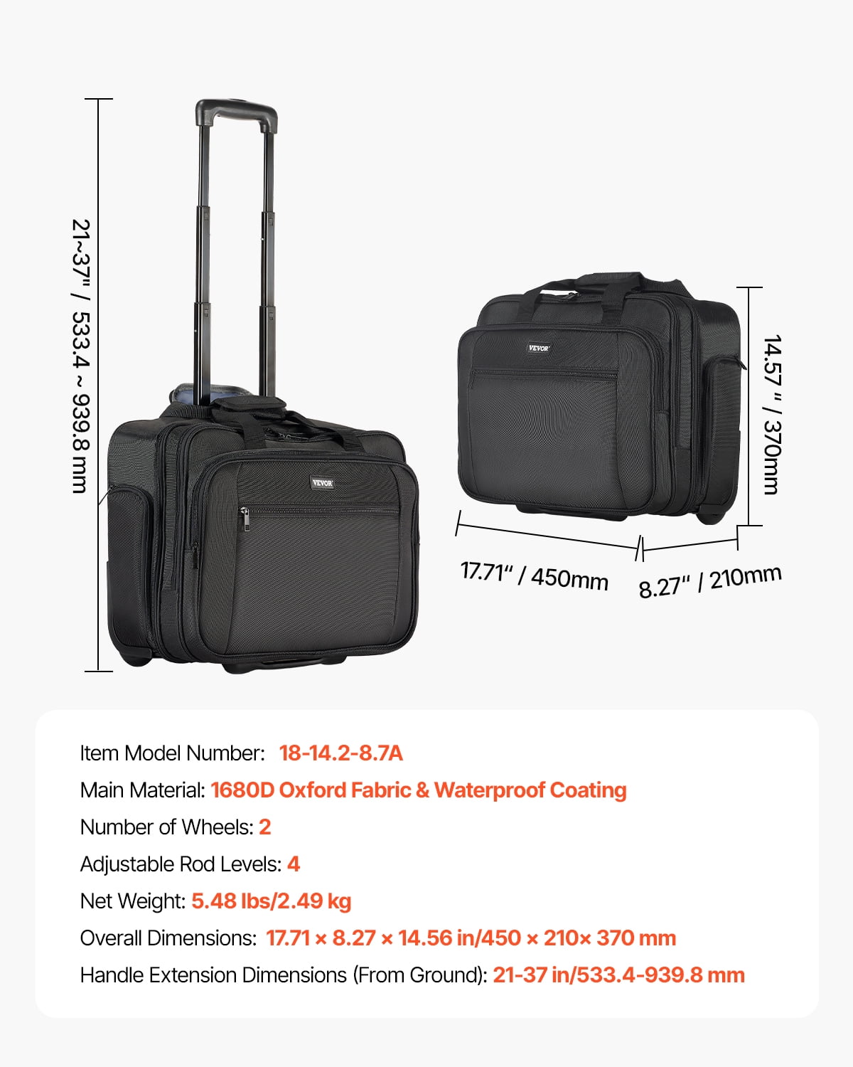VEVOR Rolling Laptop Bag, Fits Up to 17.3 Inch Laptop, Wheeled Briefcase, Roller Computer Tote Bag with Wheels & Telescoping Handle, Laptop Case for Work Travel Business Office, Women & Men (Black)