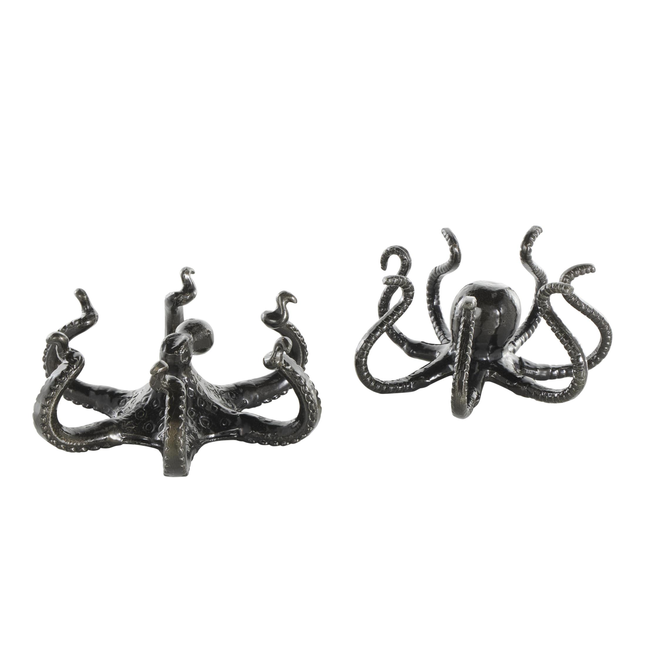 9"W, 4"H Black Aluminum Metal Octopus Sculpture with Splayed Arms, by DecMode (2 Count)