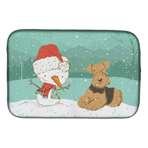 Airedale Terrier Snowman Christmas Dish Drying Mat