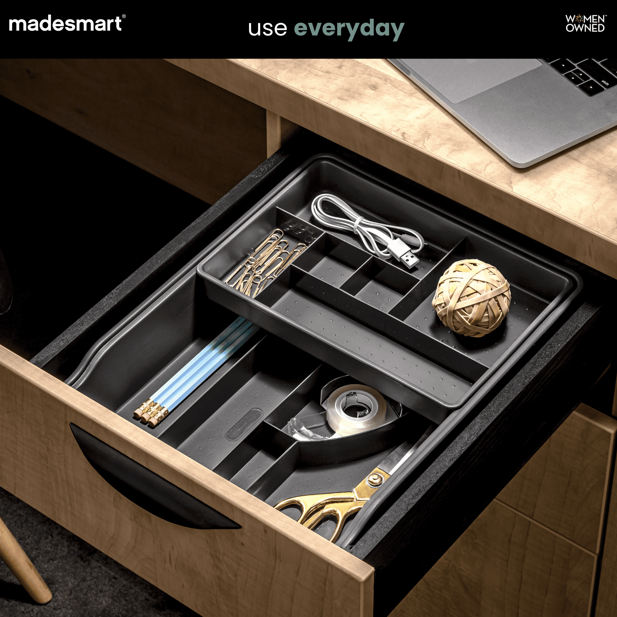 Madesmart 12-Compartment Junk Drawer Organizer with Sliding Top Tray, Multipurpose Storage Bin Solution for Kitchen, Office, Bathroom, White, A Practical Choice for Kitchen Organization