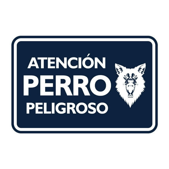 Signs ByLITA Classic Framed Atención Perro Peligroso Graphic Spanish Security Sign (Navy Blue / White) - Large