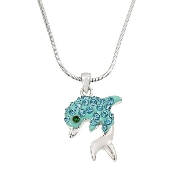 Dolphin Pendant Necklace Rhinestone Crystal Rhodium High Polished J0051-AQ