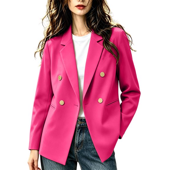 Kukoosong Women's Double Breasted Blazer, Casual Work Office Jacket with Gold Buttons and Lapel Collar for Business, Women's Classic Suit Jacket