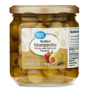 Great Value Stuffed Manzanilla Olives with Minced Pimento, 7 oz Jar