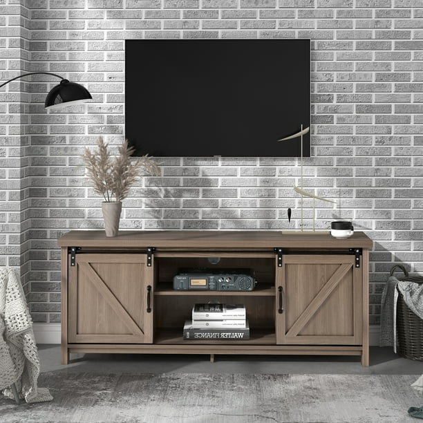 57 Entertainment Center Living Room Tv Stand With Barn Door Storage Shelves Media Console Table Cabinet Stands For Flat Screens Apartment Office Home Corner Antique Gray W9260 Com Tv Stand With Barn Door Storage Shelves, Corner Tv Armoire For Flat Screens