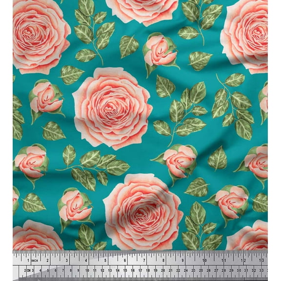 Soimoi Green Cotton Duck Fabric Rose Leaves Print Fabric by Yard 42 Inch Wide