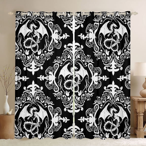 Homewish Black White Damask Blackout Curtains Set of 2 (52x84 Each), Bohemian Dragon Animal Window Curtains, Tribal Mandala Western Curtains and Drapes, Black Out Curtains Room Decor