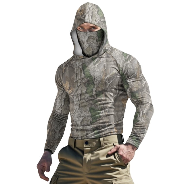 Face Mask for Sun Protection, Unisex Summer Camo Hooded Ice Silk Top with Built-in Face Mask