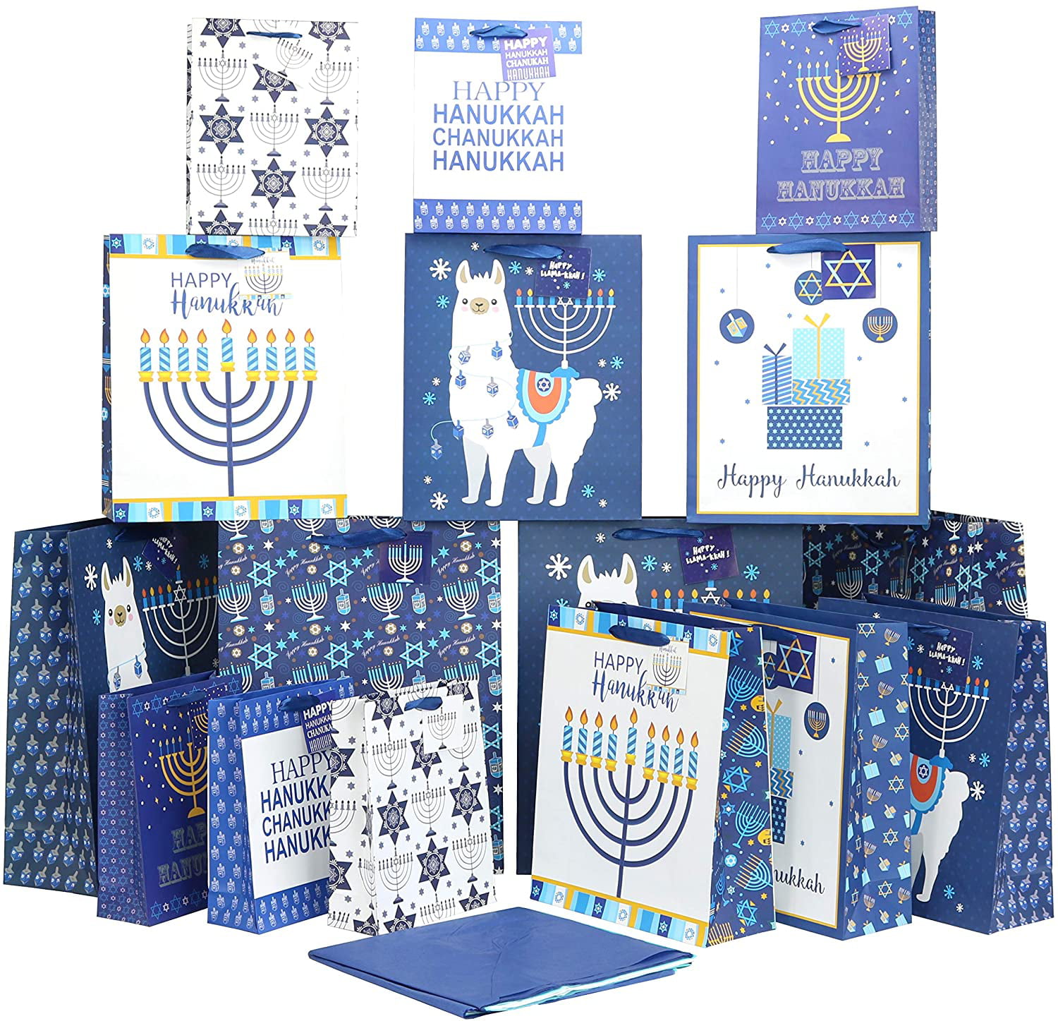 Hanukkah Gift Bag Set, 16 Bags 3 Sizes, 32 Sheets of Tissue Paper