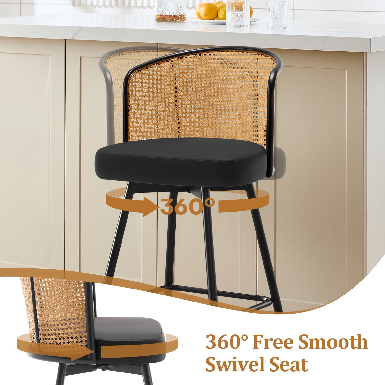Foreate Cane & PU Swivel Barstools Set of 2, 29" Seat Counter Height w/ Rattan Mid-Back Metal Legs, Upholstered Leather Modern Armless Bar Stools Chairs for Kitchen Island Pub